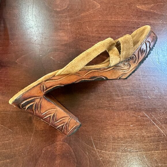 Stunning! Ananias Handmade Carved Wood & Suede Strappy Heels Size 7.5/8 Sandals - Picture 8 of 10